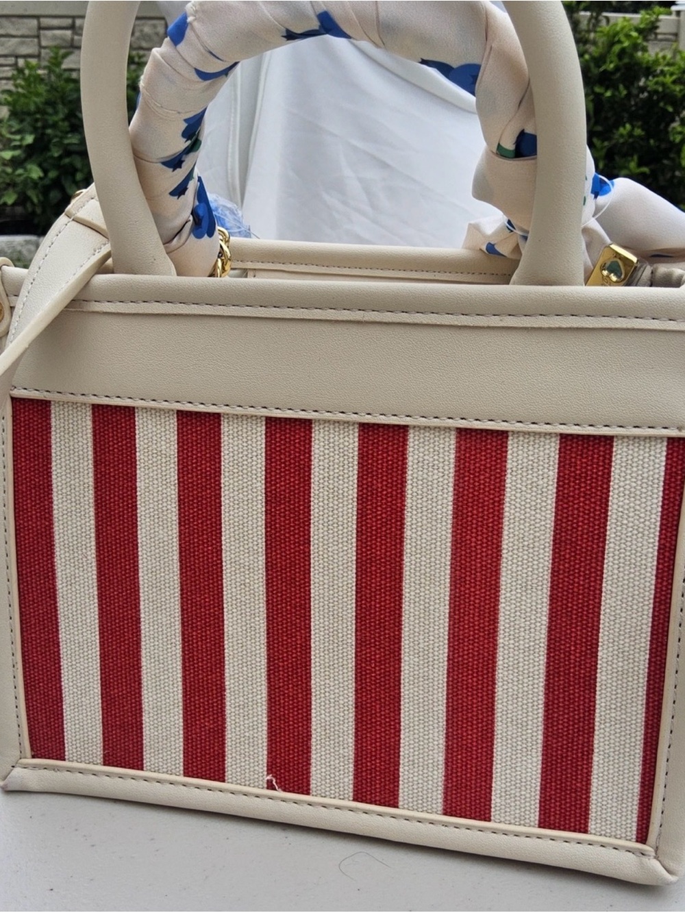 Betsey Johnson Red & Cream Striped Top-Handle Satchel with Blue Accents - Picture 2 of 2